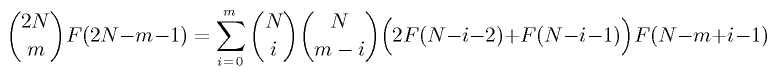 C(2·N,m)·F(2·N-m-1) = ∑(i=0, m, C(N,i)·C(N,m-i)·(2·F·(N-i-2)+F(N-i-1))·F(N-m+i-1))